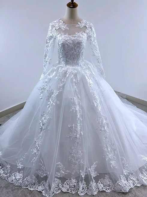 Elegant Summer Long Sleeve Wedding Dresses Lace Ball Gown